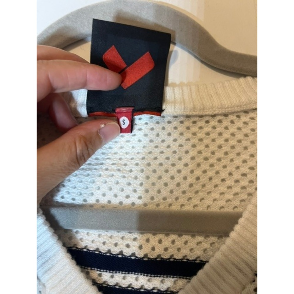 Happy Sheep Women Navy White Striped Cotton Mesh Sweater Crochet Patches Small - Picture 6 of 7